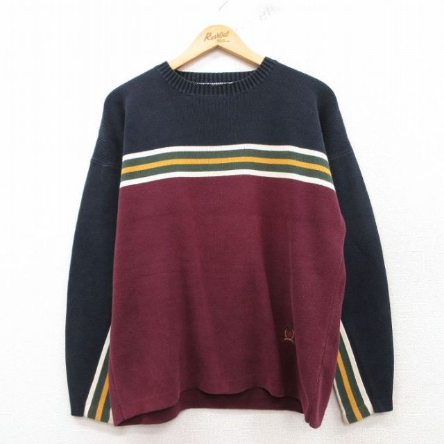 L★古着 トミーヒルフィガー TOMMY HILFIGER 長袖 ブランド セーター メンズ 90年代 90s ワンポイントロゴ コットン クルーネック エンジ他 25feb13 中古 ニット トップス