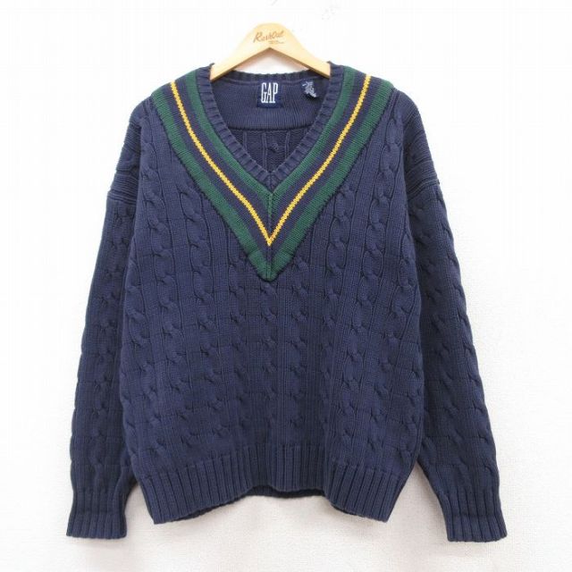 L★古着 ギャップ GAP 長袖 ケーブル チルデン セーター メンズ 90年代 90s 紺他 ネイビー 【spe】 25feb13 中古 ニット トップス