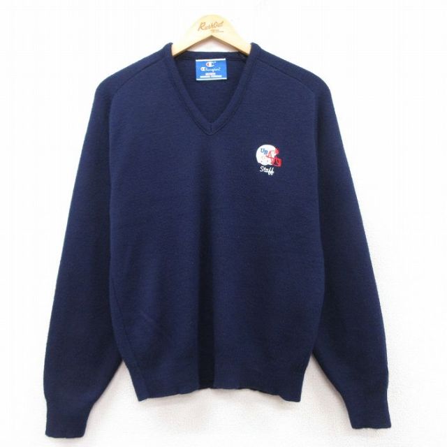 M★古着 チャンピオン champion 長袖 セーター メンズ 90年代 90s アクリル Vネック USA製 紺 ネイビー 25feb13 中古 ニット トップス
