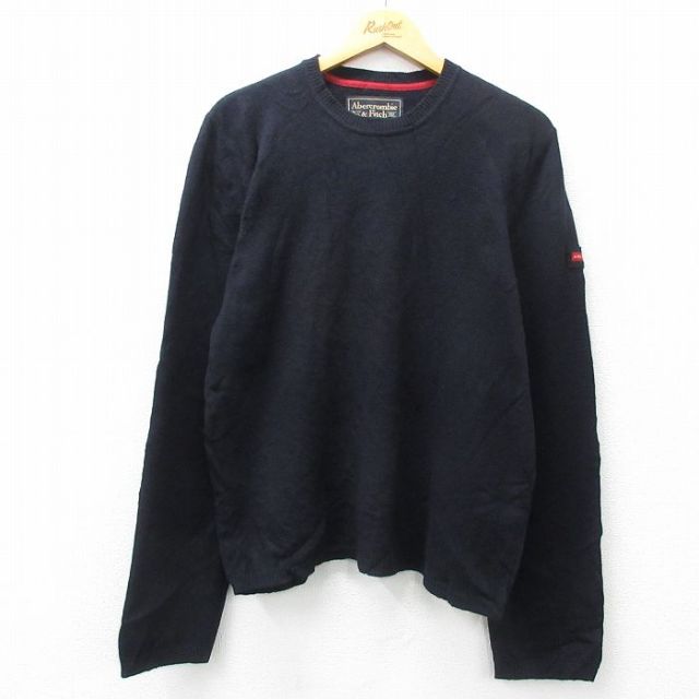 L★古着 アバクロンビー Abercrombie&fitch 長袖 セーター メンズ 90年代 90s 無地 ラムウール クルーネック 濃紺 ネイビー 【spe】 25feb13 中古 ニット トップス