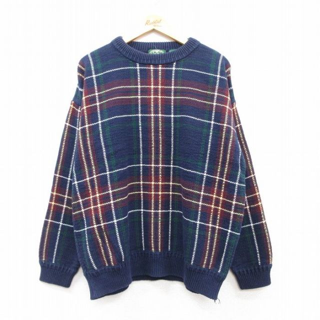 XL★古着 長袖 セーター メンズ 90年代 90s コットン クルーネック 紺他 ネイビー チェック 25feb14 中古 ニット トップス