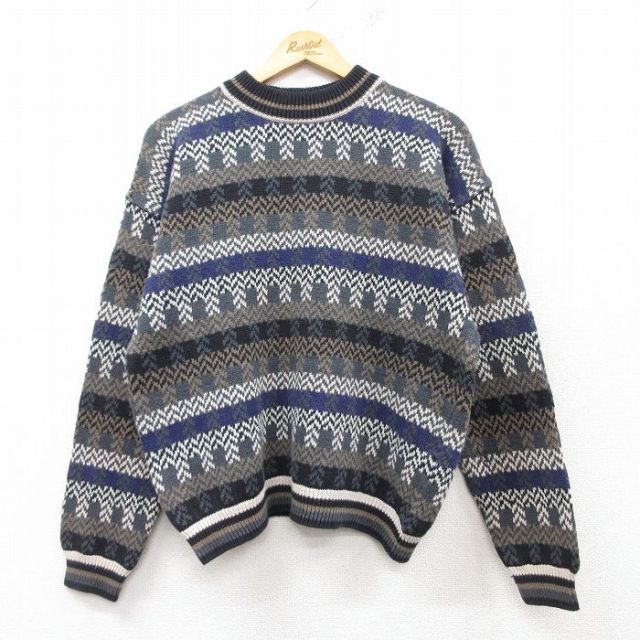 【50%OFF】M★古着 長袖 セーター メンズ 90年代 90s クルーネック 紺他 ネイビー 25feb14 中古 ニット トップス
