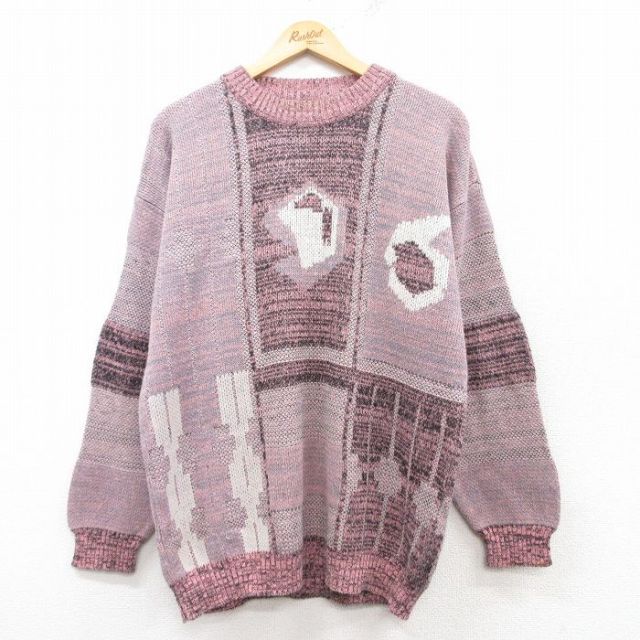 【50%OFF】L★古着 長袖 セーター メンズ 80年代 80s クルーネック ピンク系 25feb14 中古 ニット トップス