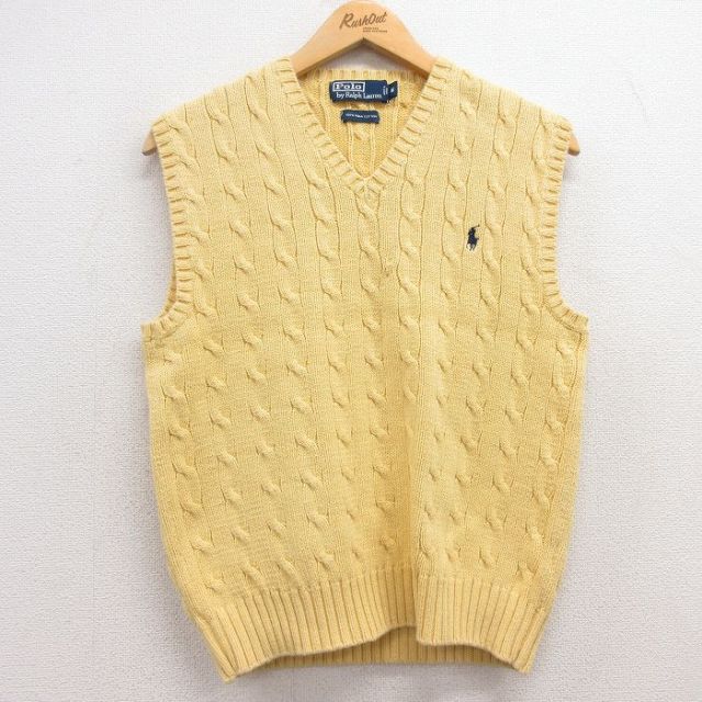 S★古着 ラルフローレン Ralph Lauren 長袖 ブランド ケーブル セーター メンズ 90年代 90s ワンポイントロゴ コットン Vネック 黄 イエロー 【spe】 25feb14 中古 ニット トップス
