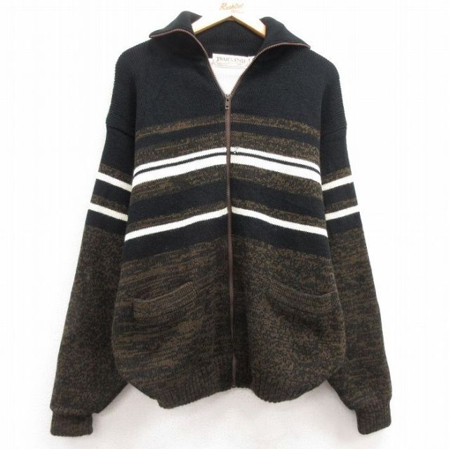 【50%OFF】L★古着 長袖 フルジップ ニット カーディガン メンズ 00年代 00s アクリル 茶他 ブラウン 内側サーマル 25feb14 中古 トップス