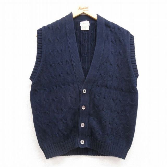 M★古着 ケーブル ニット ベスト メンズ 80年代 80s コットン イングランド製 紺 ネイビー 25feb14 中古 トップス