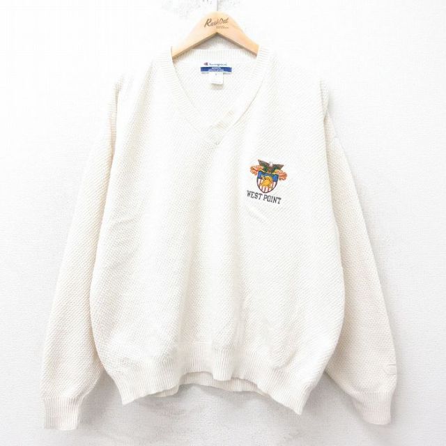 XL★古着 チャンピオン champion 長袖 セーター メンズ 90年代 90s ウエストポイント 大きいサイズ コットン Vネック USA製 白 ホワイト 25feb14 中古 ニット トップス