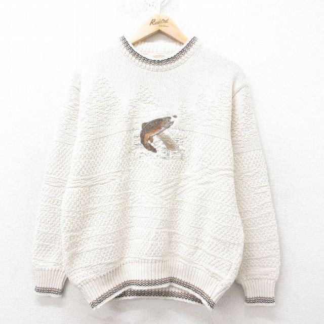 L★古着 セントジョンズベイ 長袖 セーター メンズ 90年代 90s 魚 刺繍 コットン クルーネック USA製 白 ホワイト 25feb14 中古 ニット トップス