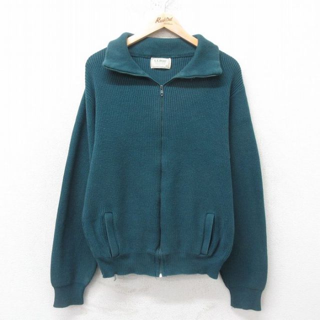 M★古着 エルエルビーン LLBEAN 長袖 ニット カーディガン メンズ 80年代 80s 無地 コットン USA製 タロン 青緑 25feb14 中古 トップス