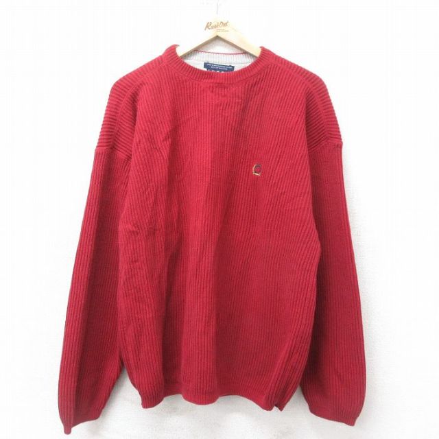 【50%OFF】L★古着 トミーヒルフィガー TOMMY HILFIGER 長袖 ブランド セーター メンズ 90年代 90s ワンポイントロゴ コットン クルーネック エンジ 25feb14 中古 ニット トップス