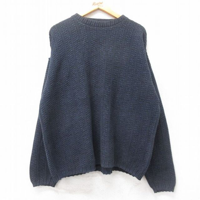 XL★古着 長袖 セーター メンズ 90年代 90s 手織り 大きいサイズ クルーネック USA製 紺 ネイビー 25feb15 中古 ニット トップス