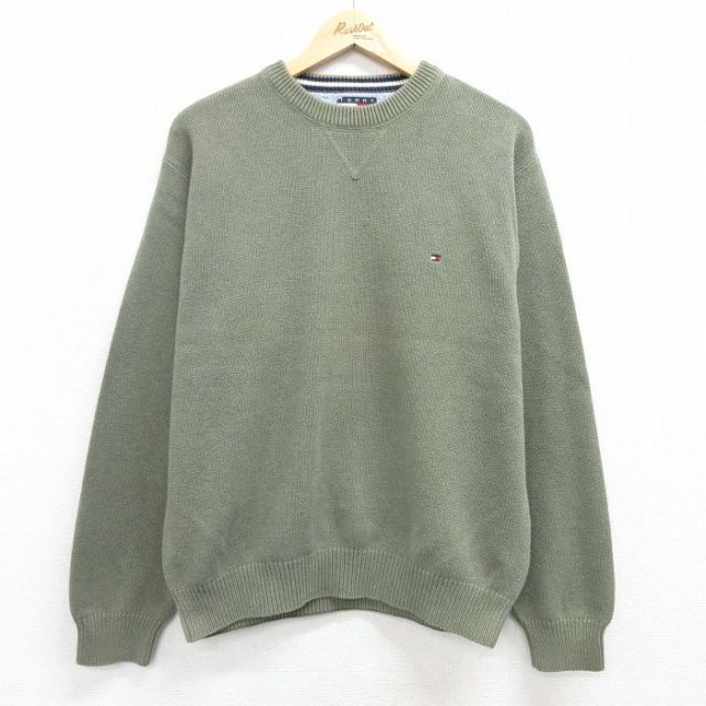 L★古着 トミーヒルフィガー TOMMY HILFIGER 長袖 ブランド セーター メンズ 90年代 90s ワンポイントロゴ コットン クルーネック 緑系 グリーン 25feb17 中古 ニット トップス