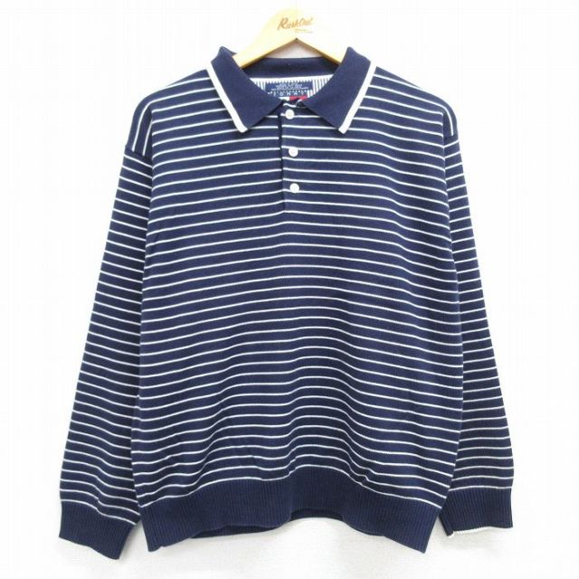 【50%OFF】L★古着 トミーヒルフィガー TOMMY HILFIGER 長袖 ブランド セーター メンズ 90年代 90s ワンポイントロゴ コットン 襟付き 紺他 ネイビー 25feb17 中古 ニット トップス