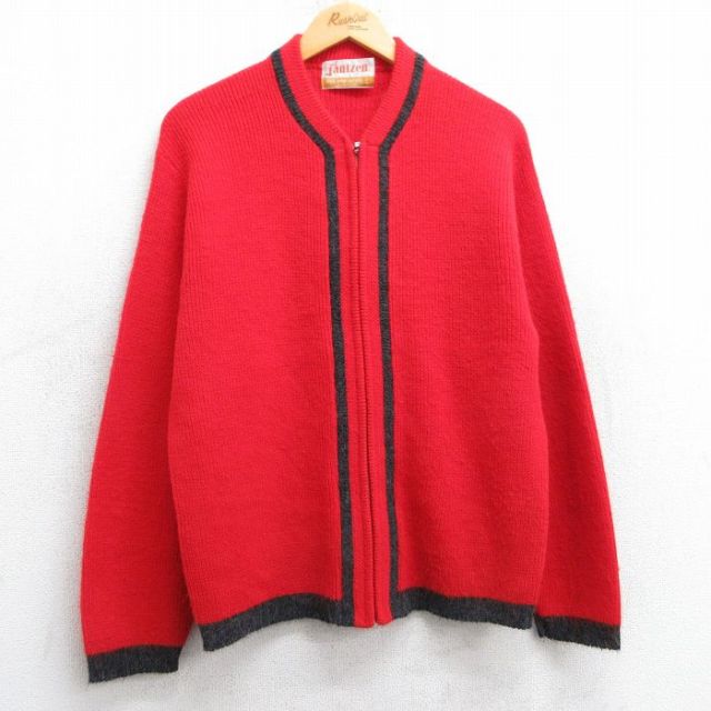 M★古着 ジャンセン 長袖 フルジップ セーター メンズ 70年代 70s アクリル USA製 赤他 レッド 25feb17 中古 ニット トップス