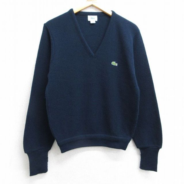 M★古着 ラコステ LACOSTE IZOD 長袖 ブランド セーター メンズ 90年代 90s ワンポイントロゴ アクリル Vネック USA製 紺 ネイビー 25feb17 中古 ニット トップス