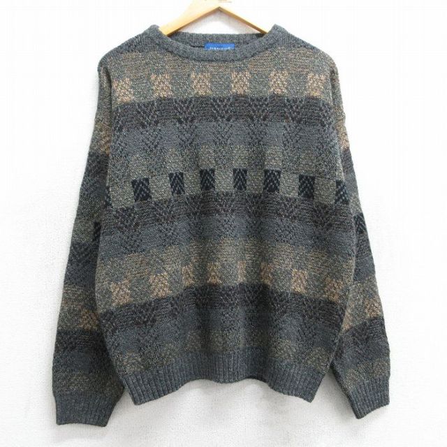 L★古着 タウンクラフト 長袖 セーター メンズ 90年代 90s アクリル クルーネック グレー他 25feb17 中古 ニット トップス