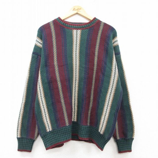 L★古着 長袖 セーター メンズ 90年代 90s コットン クルーネック 緑他 グリーン ストライプ 25feb17 中古 ニット トップス