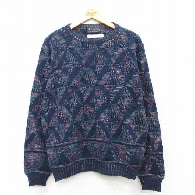 L★古着 ピューリタン 長袖 セーター メンズ 90年代 90s アクリル クルーネック USA製 紺他 ネイビー 25feb17 中古 ニット トップス