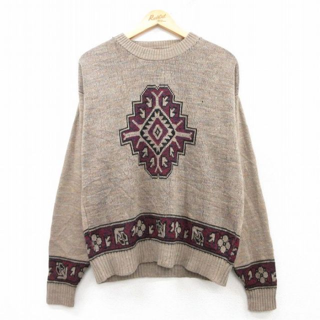 L★古着 長袖 セーター メンズ 90年代 90s ネイティブ柄 ラグ柄 アクリル クルーネック USA製 茶他 ブラウン 25feb17 中古 ニット トップス