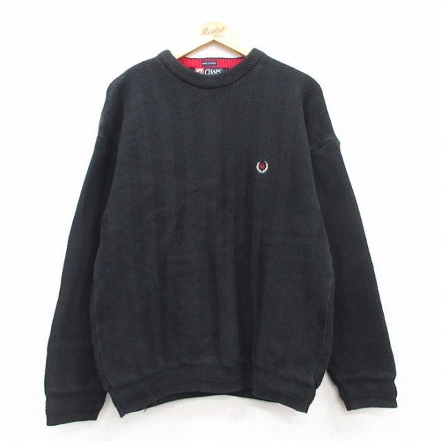 L★古着 ラルフローレン Ralph Lauren チャップス 長袖 ブランド セーター メンズ 90年代 90s ワンポイントロゴ 手織り コットン クルーネック 黒 ブラック 25feb17 中古 ニット トップス