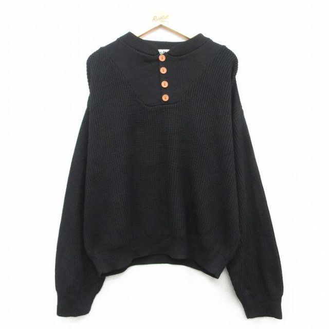 XL★古着 長袖 セーター メンズ 90年代 90s 大きいサイズ アクリル ヘンリーネック USA製 黒 ブラック 25feb17 中古 ニット トップス
