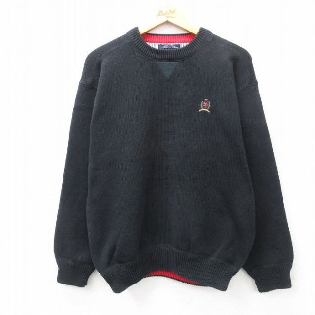L★古着 トミーヒルフィガー TOMMY HILFIGER 長袖 ブランド セーター メンズ 90年代 90s ワンポイントロゴ コットン クルーネック 黒 ブラック 25feb18 中古 ニット トップス