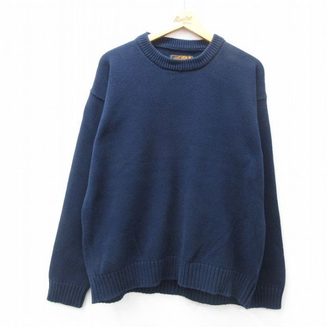 XL★古着 エディーバウアー 長袖 セーター メンズ 90年代 90s 無地 コットン クルーネック 紺 ネイビー 25feb18 中古 ニット トップス