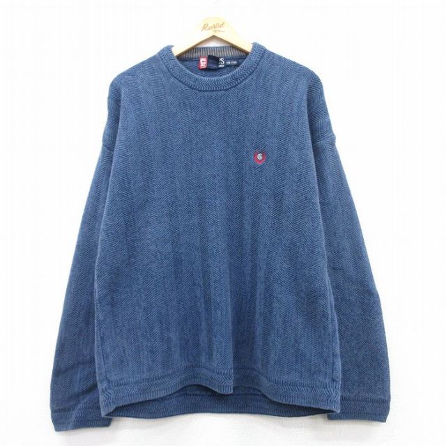 XL★古着 ラルフローレン Ralph Lauren チャップス 長袖 ブランド セーター メンズ 90年代 90s ヘリンボーン ワンポイントロゴ コットン クルーネック 紺 ネイビー 25feb18 中古 ニット トップス