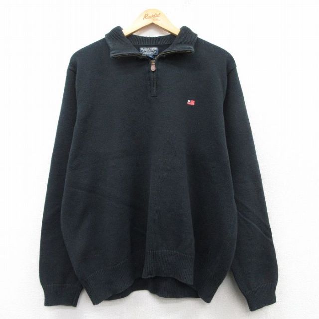 XL★古着 ラルフローレン Ralph Lauren ポロジーンズ 長袖 ブランド ハーフジップ セーター メンズ 星条旗 コットン 黒 ブラック 25feb18 中古 ニット トップス