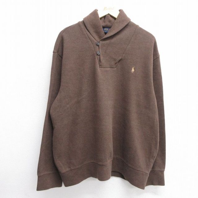 XL★古着 ラルフローレン Ralph Lauren 長袖 ブランド セーター メンズ ワンポイントロゴ ヒジ当て 大きいサイズ コットン 茶 ブラウン 【spe】 25feb19 中古 ニット トップス