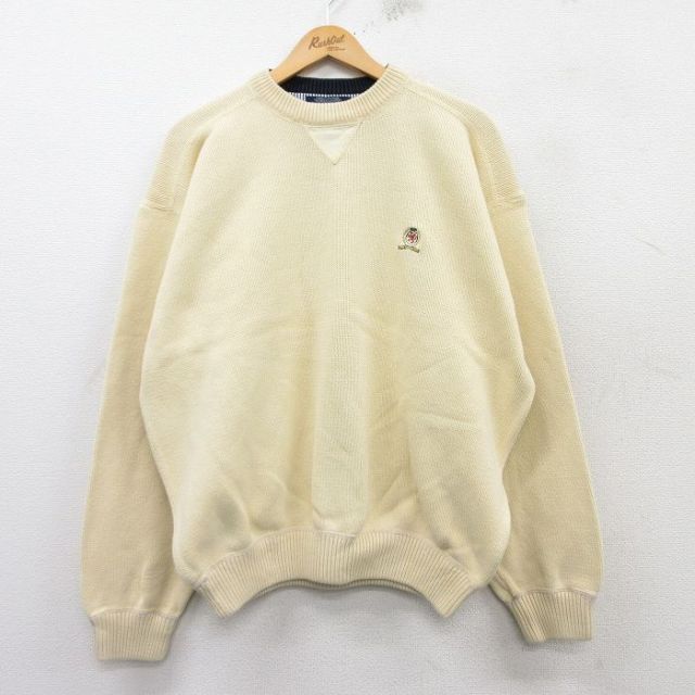 XL★古着 トミーヒルフィガー TOMMY HILFIGER 長袖 ブランド セーター メンズ 90年代 90s ワンポイントロゴ 大きいサイズ コットン クルーネック 薄黄 イエロー 25feb19 中古 ニット トップス