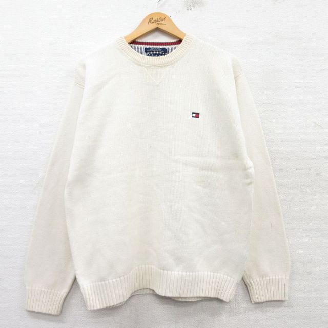 L★古着 トミーヒルフィガー TOMMY HILFIGER 長袖 ブランド セーター メンズ 90年代 90s ワンポイントロゴ コットン クルーネック 白 ホワイト 25feb19 中古 ニット トップス