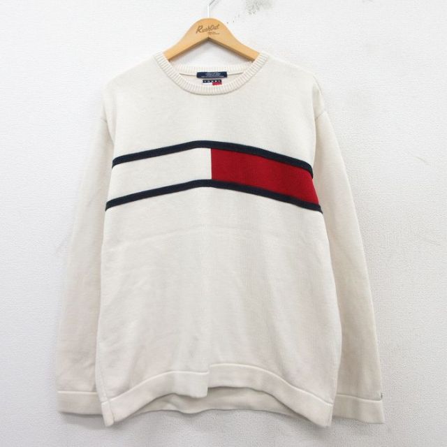 L★古着 トミーヒルフィガー TOMMY HILFIGER 長袖 ブランド セーター メンズ 90年代 90s コットン クルーネック 白 ホワイト 25feb19 中古 ニット トップス