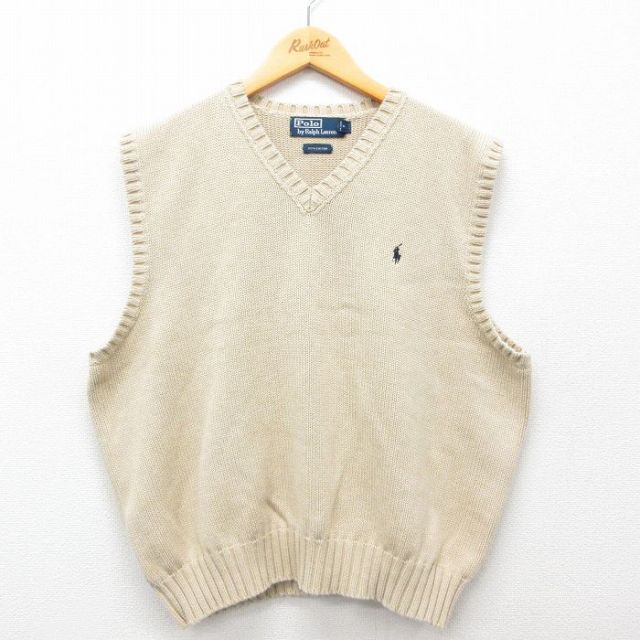L★古着 ラルフローレン Ralph Lauren ブランド ニット ベスト メンズ 90年代 90s ワンポイントロゴ コットン Vネック ベージュ カーキ 25feb19 中古 トップス