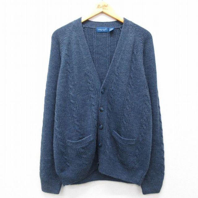 XL★古着 タウンクラフト 長袖 ケーブル ニット カーディガン メンズ 90年代 90s ラグラン アクリル 紺 ネイビー 25feb19 中古 トップス