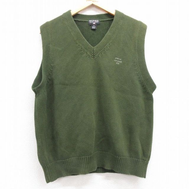 L★古着 ラルフローレン Ralph Lauren ポロジーンズ ブランド ニット ベスト メンズ 00年代 00s ワンポイントロゴ コットン Vネック 緑 グリーン 25feb20 中古 トップス