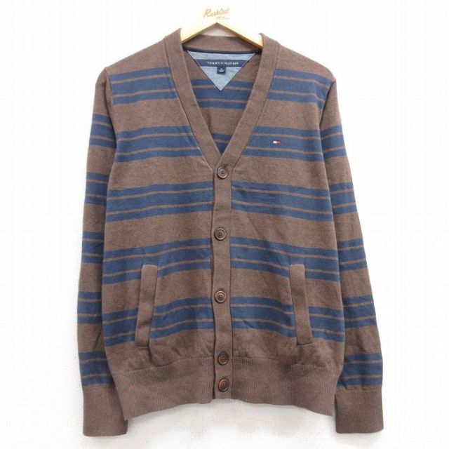 M★古着 トミーヒルフィガー TOMMY HILFIGER 長袖 ブランド ニット カーディガン メンズ ワンポイントロゴ コットン 茶他 ブラウン 25feb20 中古 トップス