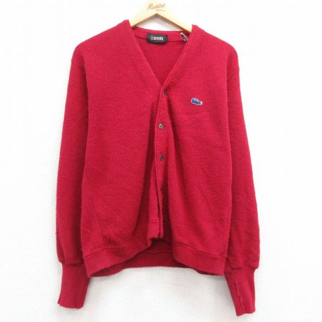 M★古着 IZOD 長袖 ニット カーディガン メンズ 80年代 80s ワンポイントロゴ アクリル エンジ 25feb20 中古 トップス
