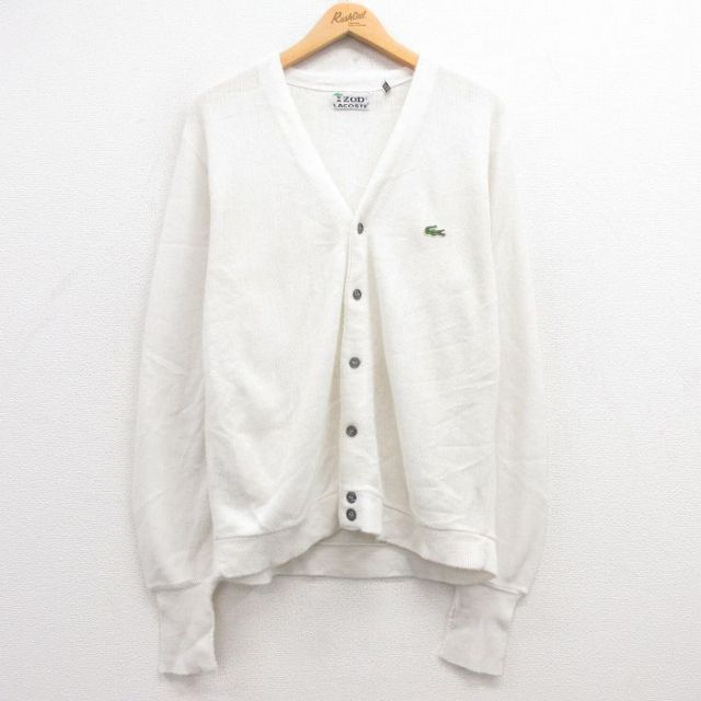 XL★古着 ラコステ LACOSTE IZOD 長袖 ニット カーディガン メンズ 80年代 80s ワンポイントロゴ アクリル 白 ホワイト 25feb20 中古 トップス