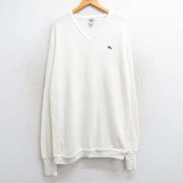 XL★古着 ラコステ LACOSTE IZOD 長袖 ブランド セーター メンズ 90年代 90s ワンポイントロゴ 大きいサイズ アクリル Vネック USA製 白 ホワイト 25feb22 中古 ニット トップス