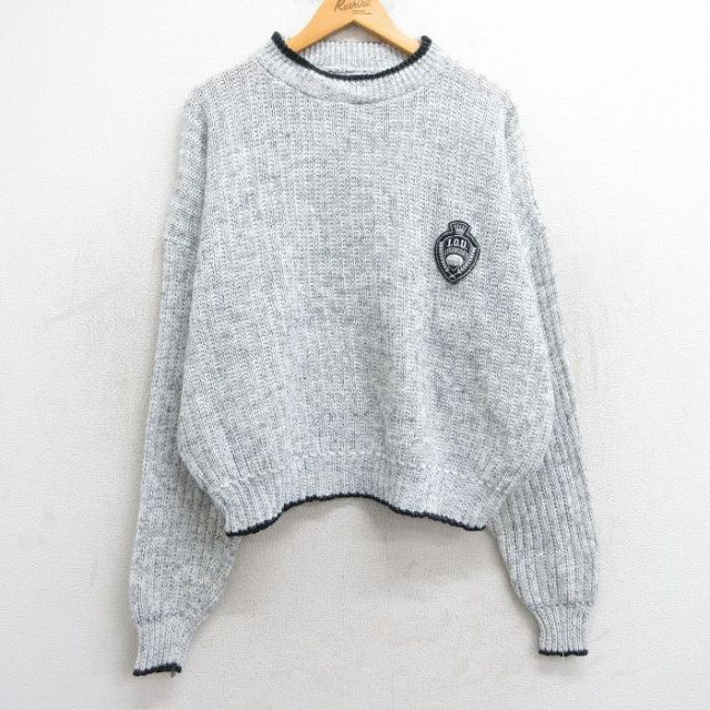 XL★古着 IOU 長袖 セーター メンズ 90年代 90s ワンポイントロゴ 大きいサイズ アクリル クルーネック USA製 グレー他 25feb22 中古 ニット トップス