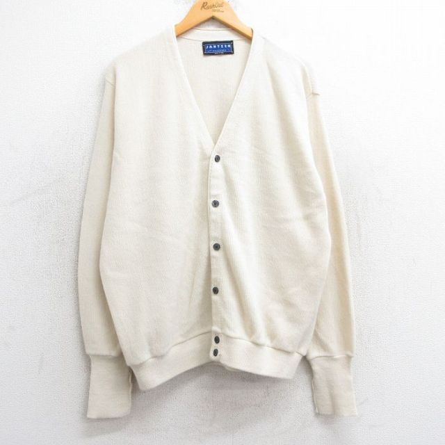 XL★古着 ジャンセン 長袖 ニット カーディガン メンズ 90年代 90s 無地 アクリル 白 ホワイト 25feb22 中古 トップス