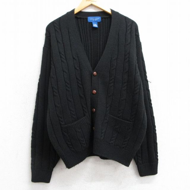 XL★古着 タウンクラフト 長袖 ケーブル ニット カーディガン メンズ 90年代 90s アクリル 黒 ブラック 25feb22 中古 トップス