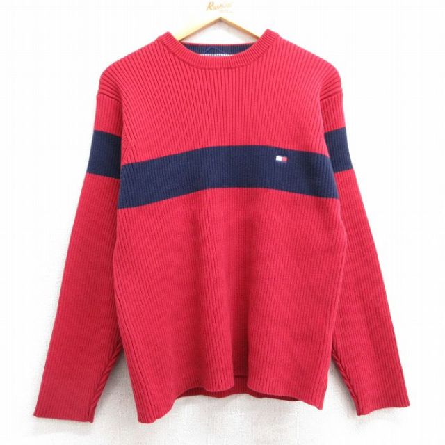 S★古着 トミーヒルフィガー TOMMY HILFIGER 長袖 ブランド セーター メンズ 90年代 90s ワンポイントロゴ ツートンカラー コットン クルーネック 赤 レッド 25feb22 中古 ニット トップス