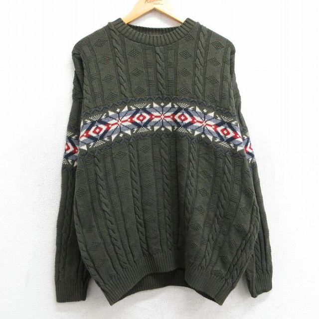 【20%OFF】L★古着 長袖 ケーブル ノルディック セーター メンズ 90年代 90s 雪柄 クルーネック USA製 濃緑他 グリーン 【spe】 25feb26 中古 ニット トップス