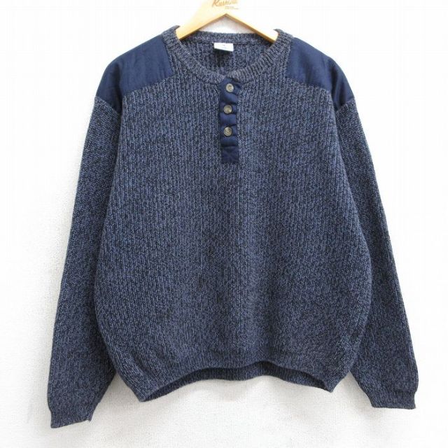 L★古着 コロンビア COLUMBIA 長袖 セーター メンズ 00年代 00s ヒジ当て コットン ヘンリーネック 紺 ネイビー 25feb26 中古 ニット トップス