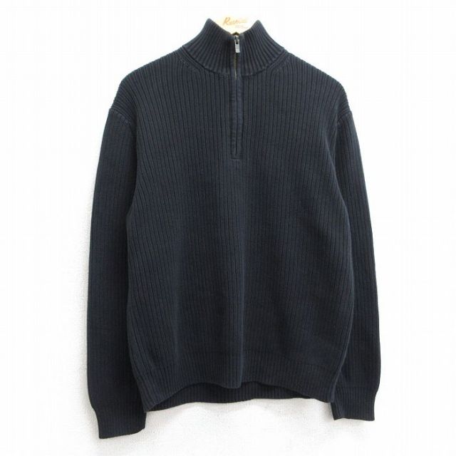 M★古着 カルバンクライン Calvin Klein 長袖 ハーフジップ セーター メンズ 無地 コットン 黒 ブラック 25feb26 中古 ニット トップス