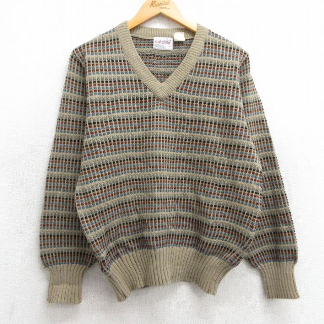 【50%OFF】M★古着 長袖 セーター メンズ 80年代 80s アクリル Vネック ベージュ他 カーキ 25feb26 中古 ニット トップス