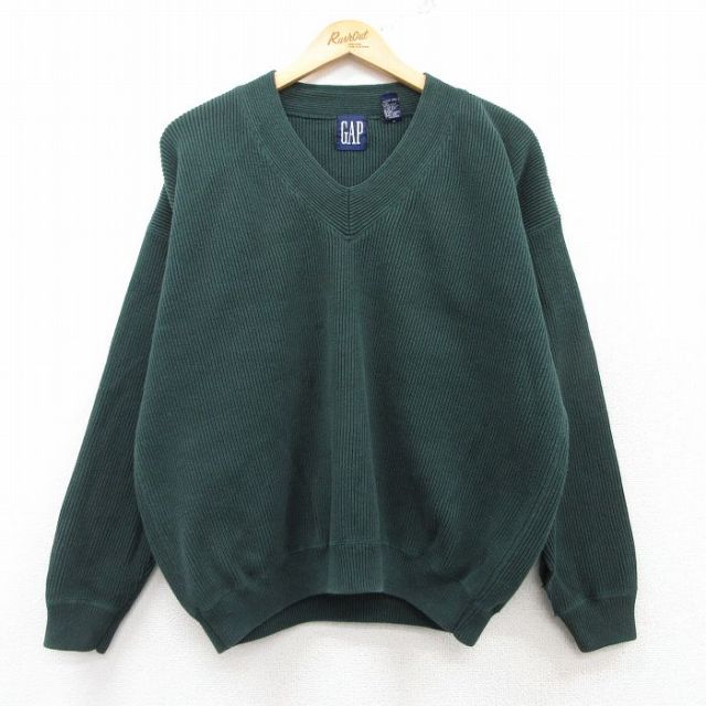 【50%OFF】L★古着 ギャップ GAP 長袖 セーター メンズ 90年代 90s 無地 コットン Vネック 濃緑 グリーン 25feb26 中古 ニット トップス