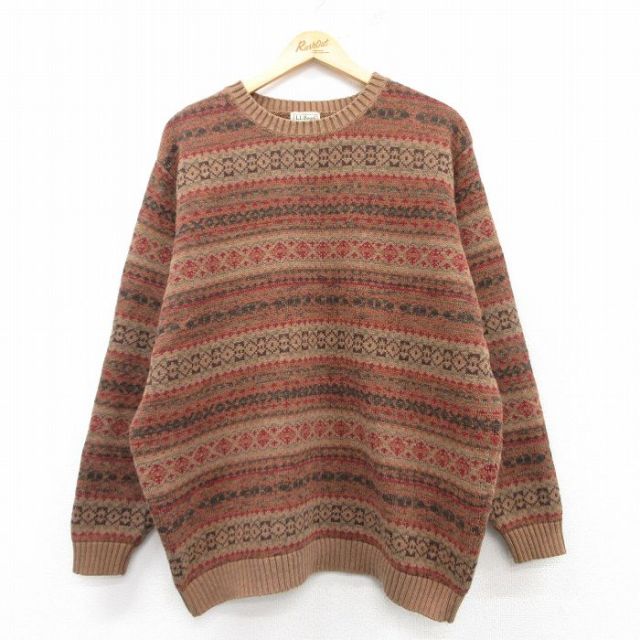 XL★古着 エルエルビーン LLBEAN 長袖 セーター メンズ 00年代 00s フェアアイル コットン クルーネック 茶他 ブラウン 【spe】 25feb26 中古 ニット トップス